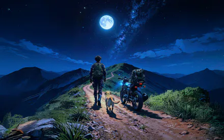 Ночь, Луна, Млечный путь, Мотоцикл, Походы, Собака, Аниме, Звезды, Пейзаж
