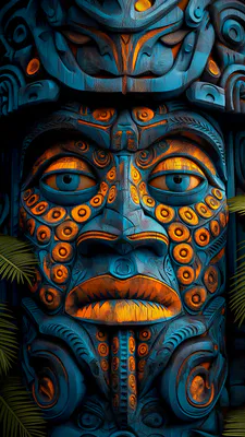 Племенной, Деревянный, Маска, Синий, Оранжевый, Резной, Декоративный, Тропический, С рисунком