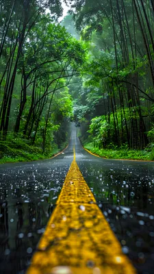 Мокрый, Дорога, Желтая линия, Бамбук, Зелень, Крона дерева, Туман
