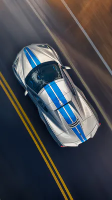 Серебро, Синий, Автомобиль, Спортивный автомобиль, Дорога, Движение, Вид сверху, Скорость, Желтые линии