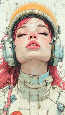 Жінка, Космонавт, Шолом, Рожеве волосся, Веснянки, Близькі очі, Урожай, Скафандр, Ілюстрація