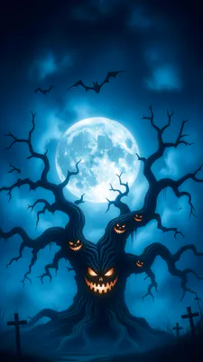 Хэллоуин, Полнолуние, Летучие мыши, Кладбище, Фонарь Джеколана, Призрачный, Темная ночь, Creepytree