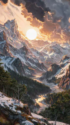 Гори, Снігові вершини, Річкові звивини, Сосновий ліс, Золотий захід сонця, Драматичні хмари, Живописні текстури, Фентезі
