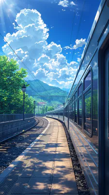 Железная дорога, Платформа, Голубое небо, Облака, Зелень, Отражение, Дорожки, Солнечный свет, Дневное время