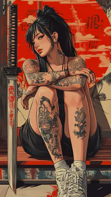 Katana, Tattoo, Black Hair, Red Circle, Japanese Heart, Sneakers, Sitting