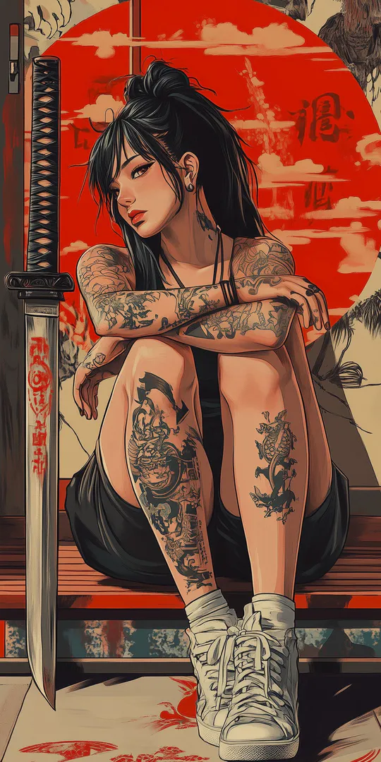 Phone wallpaper: Tattooed samurai girl