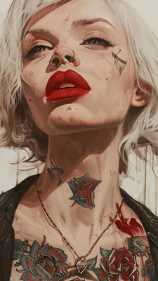 Красные губы, Белые губы, Татуировки на шее, Татуировка на лице, Реалистичный, Портрет, Выражение, Сильный взгляд, Ожерелье