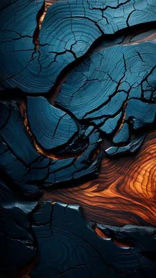 Кольца дерева, Треснутое дерево, Синий тон, Оранжевый оттенок, Натуральная текстура, Макро, Органический узор