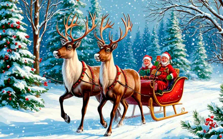 Зима, Олени, Рождество, Сани, Снег, Праздник, Украшения, Деревья