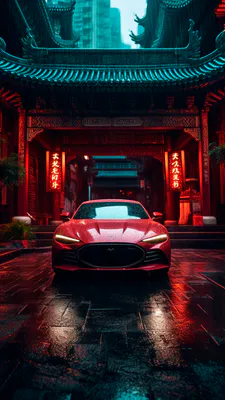 Car, Red Sports Car, Night City, Chinese Architecture, Neon Lights, Wet Pavement, Cityscape, AI Art