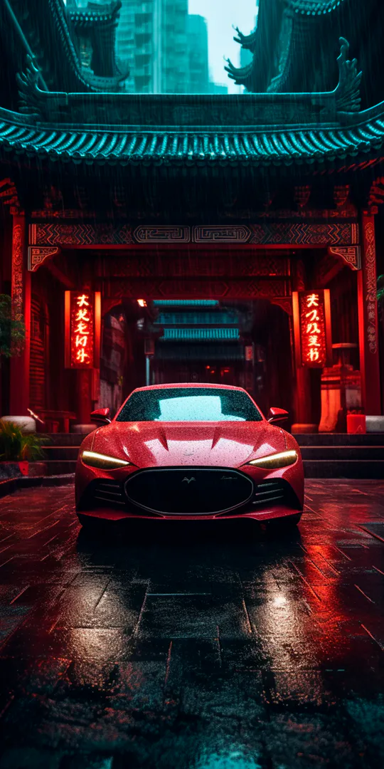 Phone wallpaper: A car near the temple