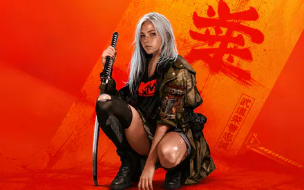 Girl, Katana, Samurai, White Hair, Red, MTV, Japanese Style, Digital Illustration, AI Art