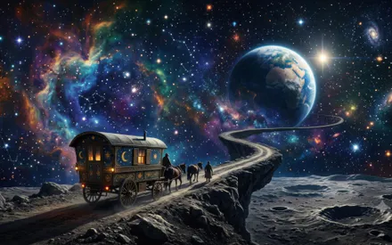 Космический пейзаж, Звездное небо, Планета, Лунный ландшафт, Звездная пыль, Конный экипаж, Фантастическая иллюстрация, AI Art