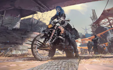 Anime, Girl, Motorcycle, Post-apocalypse, Ruins, Blue Hair, Fantasy, Neon Style, AI Art