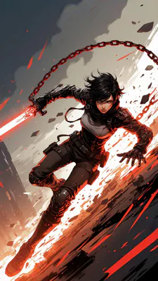 Warrior, Sword, Chain, Black Hair, Red Accents, Dynamic Pose, Battle Scene, Anime, AI Art