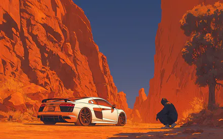 Audi, Спортивный автомобиль, Каньон, Скалы, Оранжевые тона, Дерево, Силуэт человека, AI Art