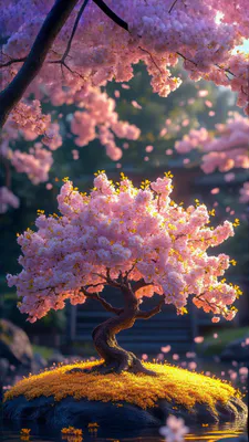Bonsai, Pink Blossom, Sakura, Tree, Pond, Petals, Moss, Flowering Plant, AI Art