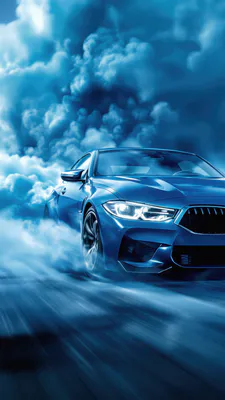 BMW, Синий автомобиль, Спортивное купе, Светодиодные фары, Драматические облака, Скорость, Размытая дорога, AI Art