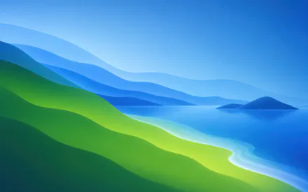 Краєвид, Море, Пагорби, Зелена долина, Блакитне небо, Острів, Абстрактний пейзаж