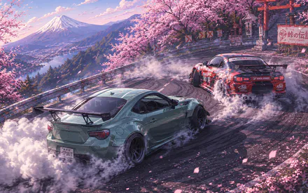 Дрифт, Toyota 86, Nissan, Спортивные автомобили, Сакура, Гора Фудзи, Япония, AI Art