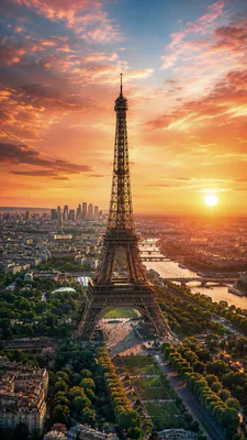 Eiffel Tower, Париж, Захід сонця, Міський пейзаж, Панорама міста, Сена, Архітектура