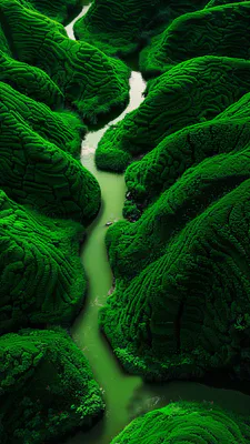 Moss, Green Landscape, Stream, Mossy Hills, Water Channel, Natural Landscape, Emerald Color, AI Art