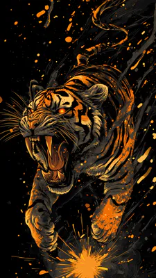 Tiger, Predator, Wild Animal, Orange, Black Stripes, Grin, Splashes of Paint, Illustration, AI Art