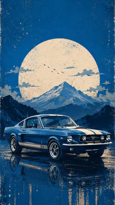 Ford Mustang, GT350, Classic Car, Sports Coupe, Mountains, Moonlight, Reflection, Blue Palette, Retro Car