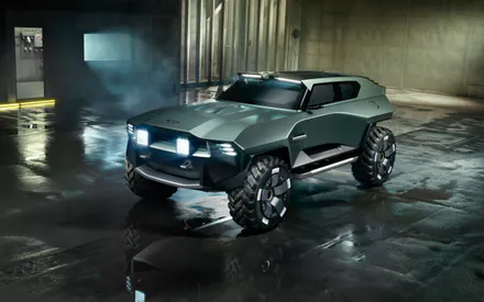 SUV, Concept Car, Futuristic Car, Powerful Headlights, Wet Garage, Reflection, Metal Body, AI Art