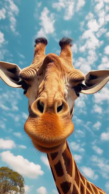 Giraffe, Wild Animal, Safari, African Nature, Blue Sky, Clouds, Close-up