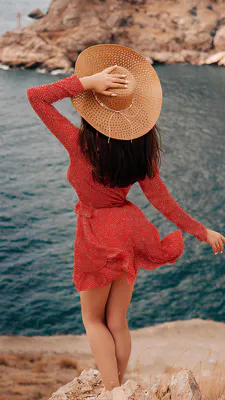 Girl, Red Dress, Straw Hat, Sea, Rocky Shore, Coast, Summer Image