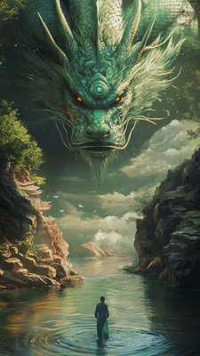 Dragon, Eastern Mythology, Mountain Gorge, River, Traveler, Fantasy, Chinese Landscape, Illustration, AI Art