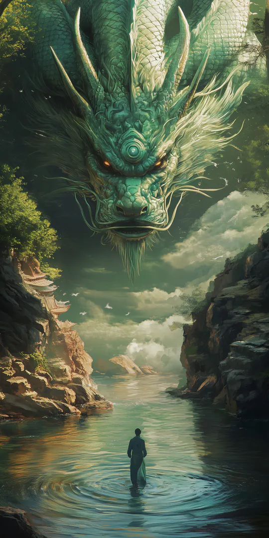 Phone wallpaper: Heavenly dragon over the river