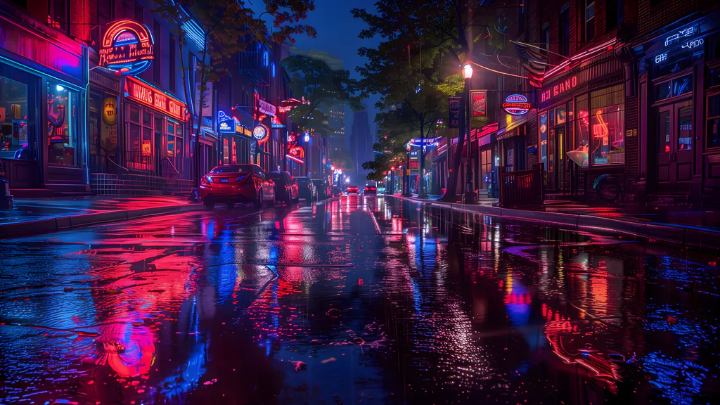 Desktop wallpaper: Neon city after the rain