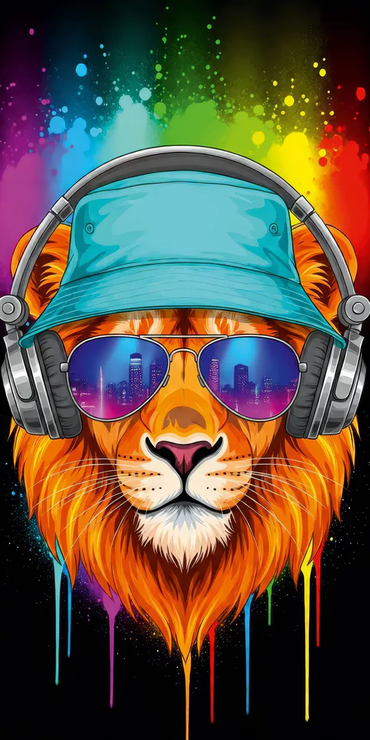 Phone wallpaper: Neon lion in headphones
