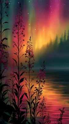 Silhouettes of Plants, Neon Sunset, Colorful Sky, Lake, Starry Sky, Botanical Fantasy, Raspberry Flowers, AI Art