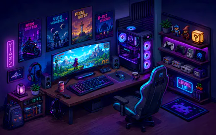Gaming Computer, Gaming Room, Neon Lighting, Monitor, Backlit Keyboard, Gaming Chair, Gaming Consoles, Posters, AI Art