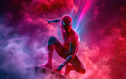 Spider-Man, Superhero, Red Suit, Neon Light, Pink and Purple Colors, Cinematic Style, Rooftop Pose, Energy Composition, AI Art