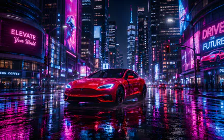 Tesla, Червоний автомобіль, Нічне місто, Неонові вивіски, Мокра вулиця, Відбиття світла, Кіберпанк, Дощ, AI Art