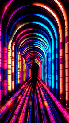 Neon Arches, Light Tunnel, Bright Colors, Purple, Blue, Pink, Abstract Art, AI Art