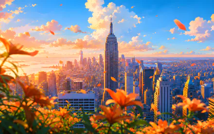 New York, Empire State Building, Городской пейзаж, Небоскребы, Городской горизонт, Цветы, Закат, Голубое небо, AI Art