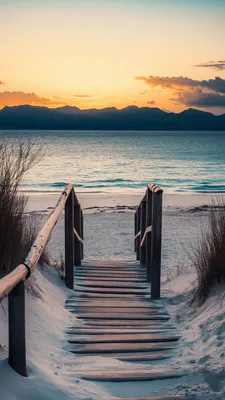 Lake, Mountains, Wooden Bridge, Snowy Shore, Sunset, Water, Landscape