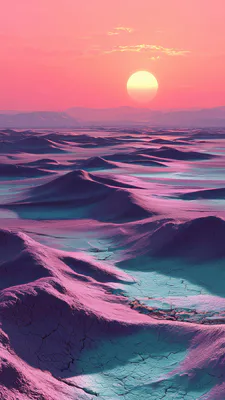 Pink Sunset, Purple Dunes, Turquoise Landscape, Fantasy Landscape, Solar Disk, Wavy Terrain, AI Art