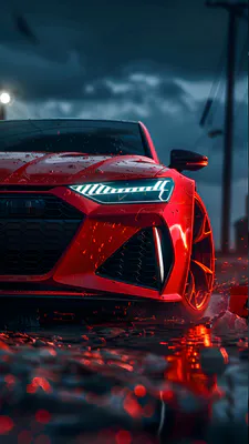 Красный автомобиль, Суперкар, Спортивный автомобиль, Автомобильные фары, Дождь, Мокрая дорога, Неоновое освещение, Кинематографический стиль, AI Art