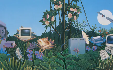 Tropical Plants, Retro Computers, Vintage Technology, Satellite, Phone, Monitor, Jungle, Digital Illustration