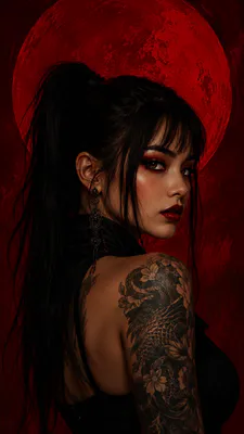 Girl, Tattoo, Black Hair, Ponytail, Red Moon, Dark Makeup, Earrings, Portrait, AI Art
