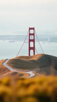 Golden Gate Bridge, Мост, Сан-Франциско, Залив, Холмы, Извилистая дорога, Панорама города, Туман