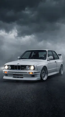 BMW, M3, E30, White Coupe, Sports Car, Tuning, Headlights, Stormy Sky, AI Art