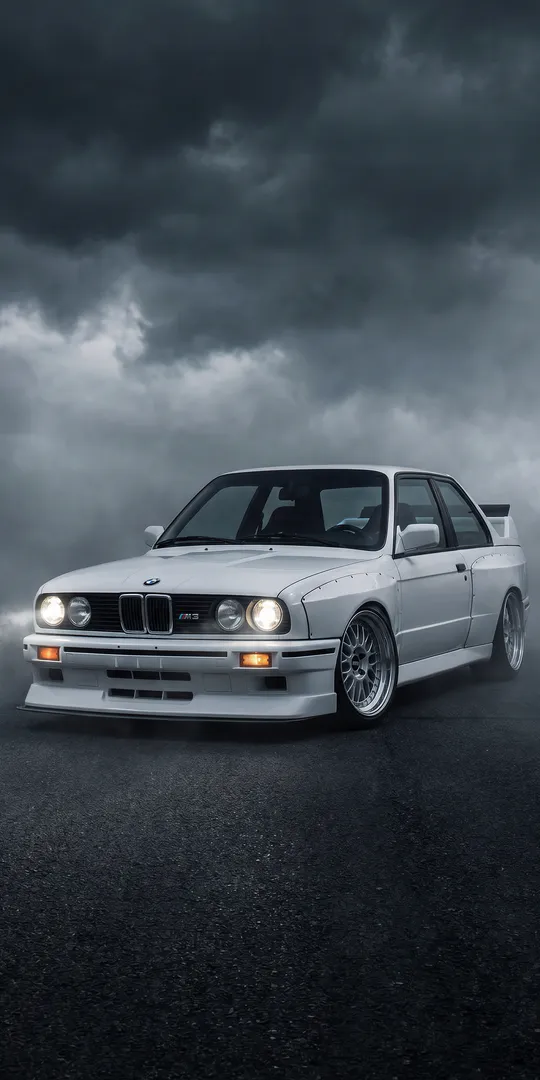 Phone wallpaper: White BMW under a thunderstorm