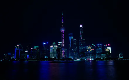 Panorama, Horizon, Shanghai, China, River, Night